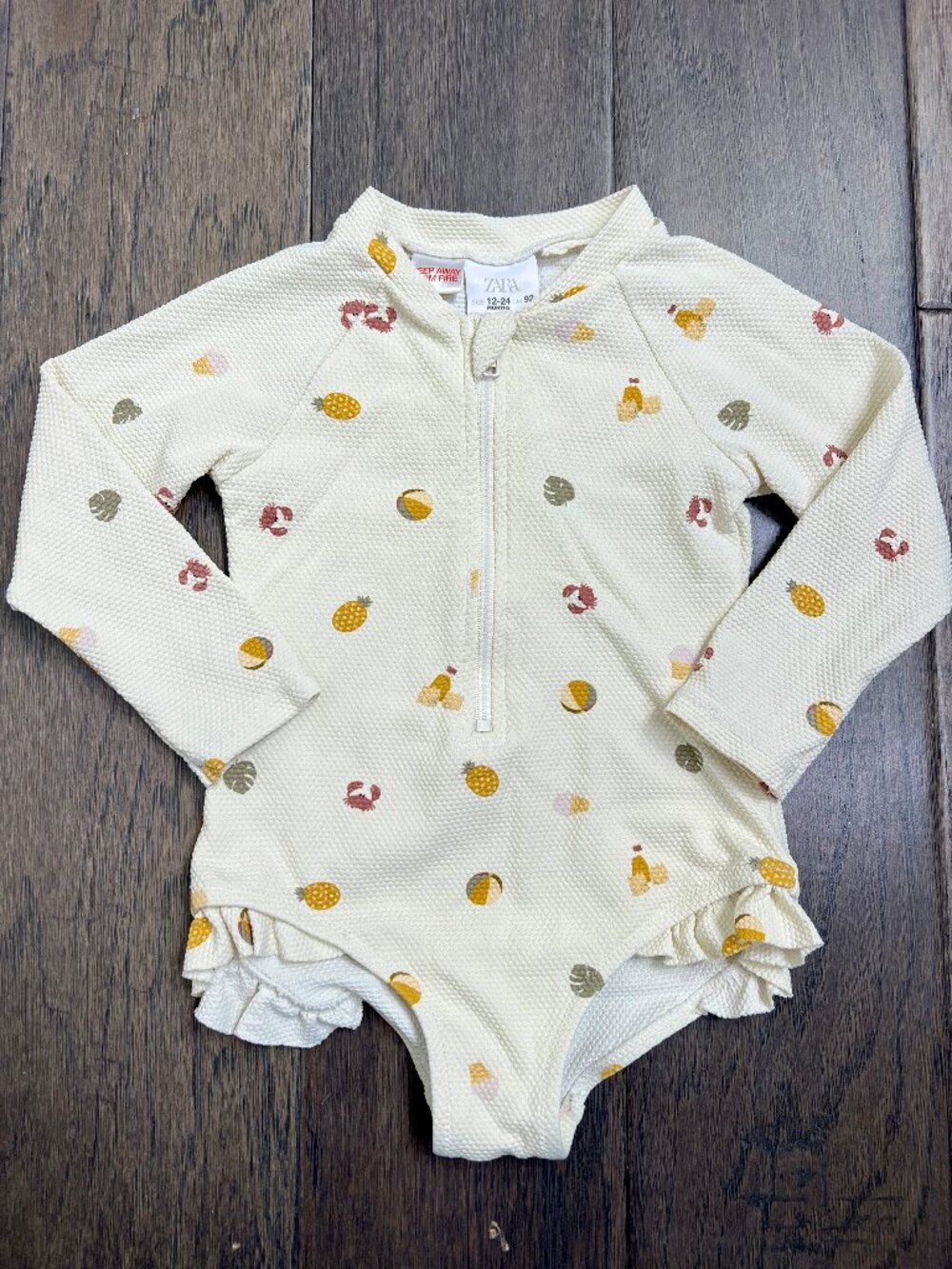 Zara Baby Waffle-Knit Beach Print Ruffle Swimsuit / Rashguard - 12–24M